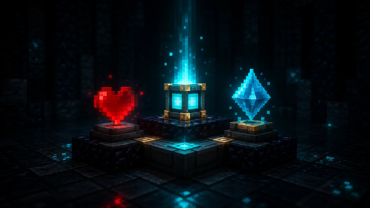 A heart, revive beacon, and balancing crystal on an obsidian platform